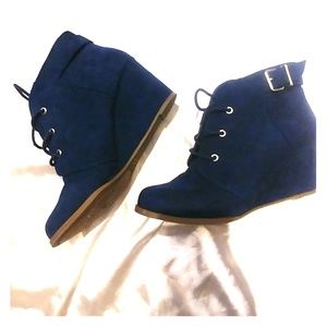 Navy Blue Lace Up Wedge Boots